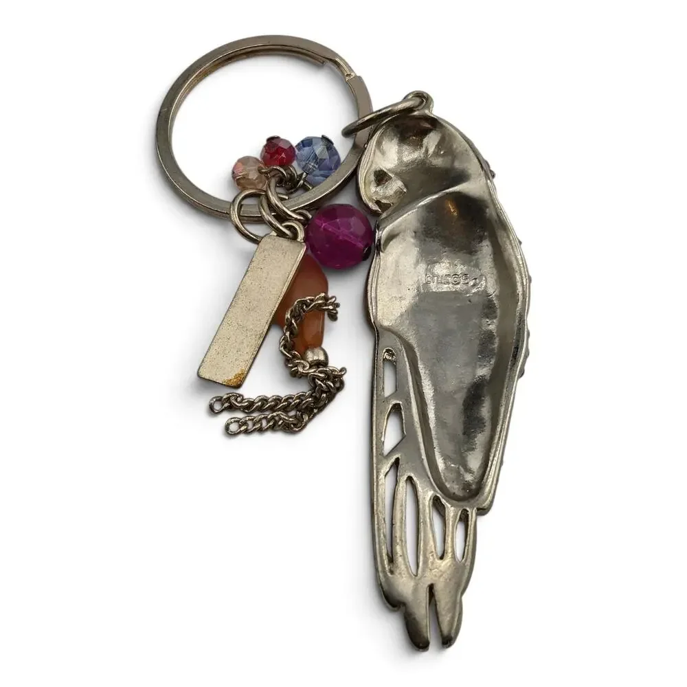 Chico's Parrot Key Ring Rhinestone Bird Beaded Charm Keychain Signed
